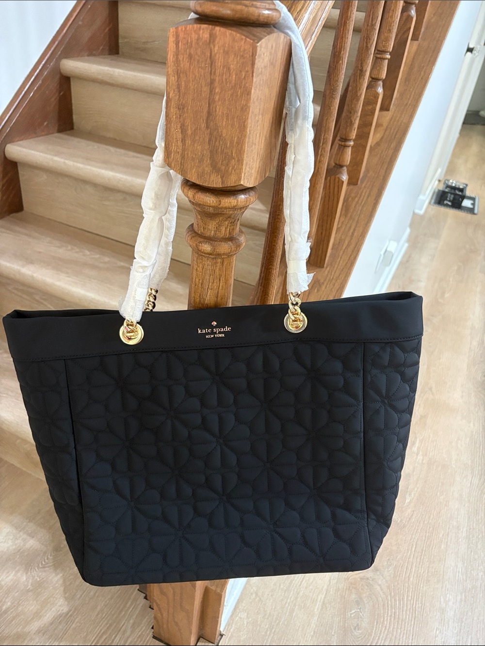 kate spade Black Quilted Floral Tote with Gold Hardware